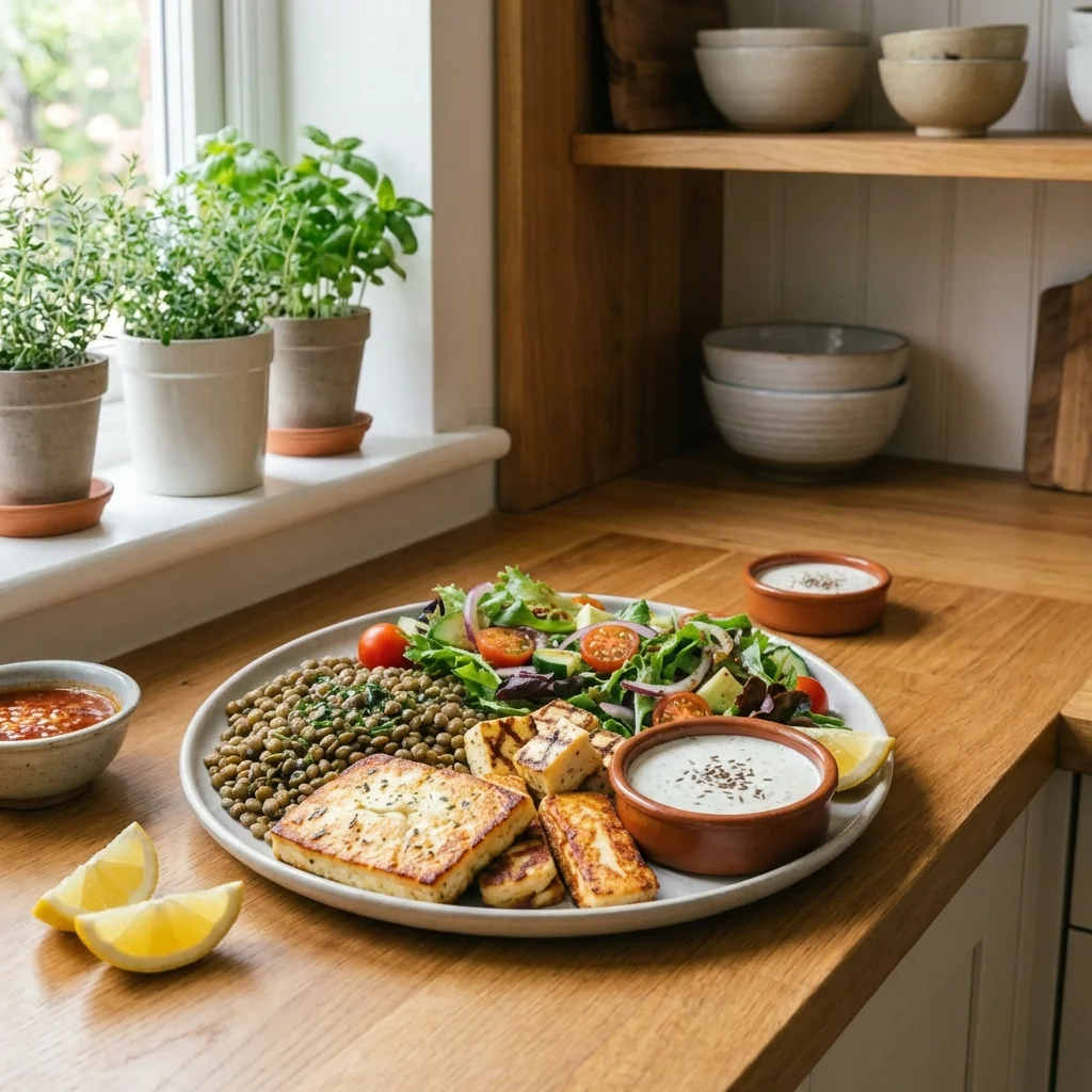 Assiette de halloumi grillé, lentilles et salade pour un barbecue végétarien