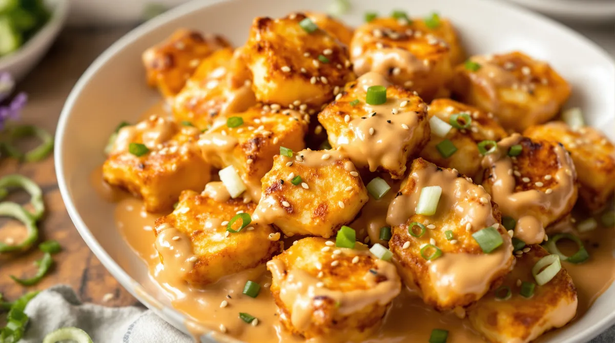 Bouchées de halloumi croustillantes à l'air fryer nappées de sauce bang bang, oignons nouveaux et sésame