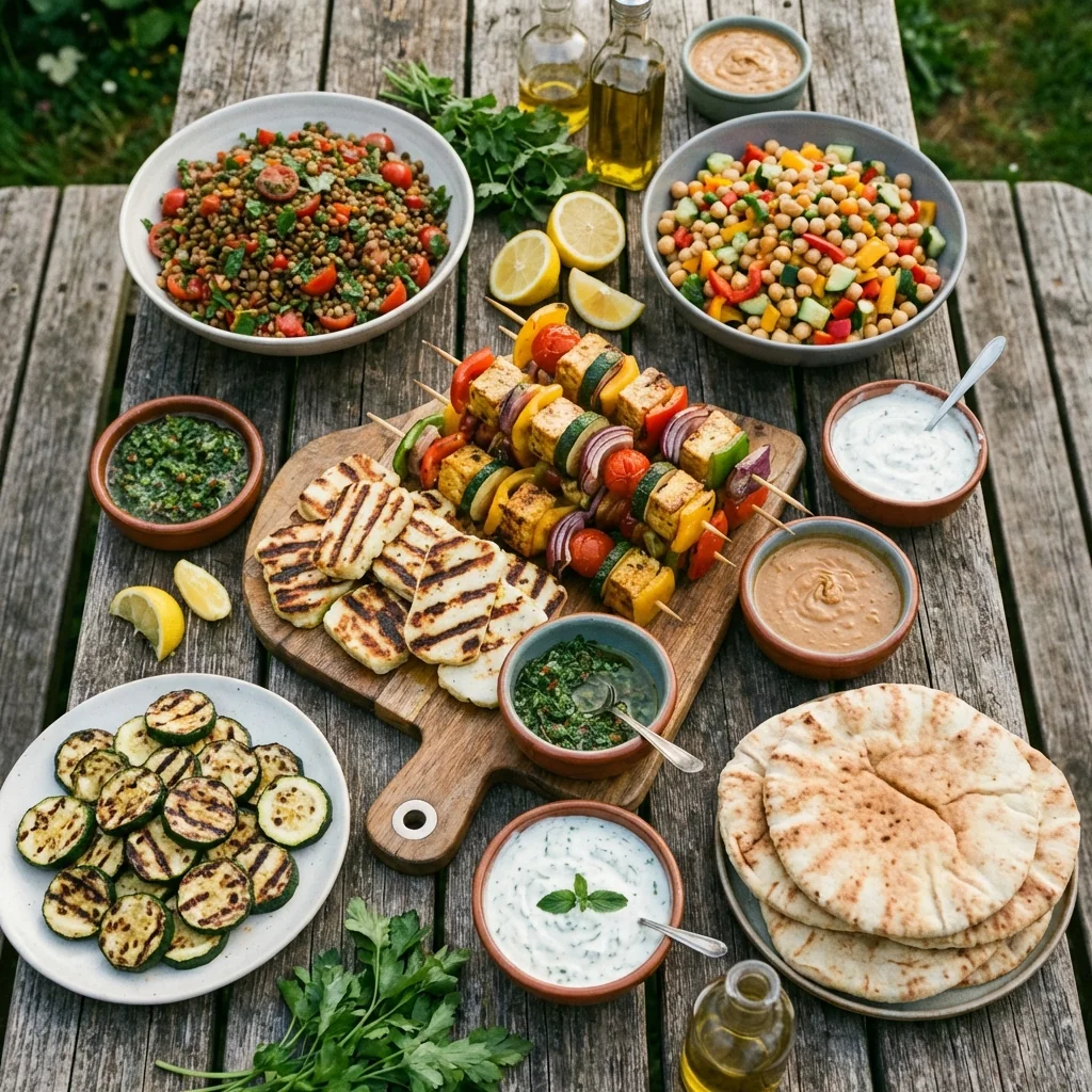Table complète de barbecue végétarien avec halloumi grillé, brochettes et sauces