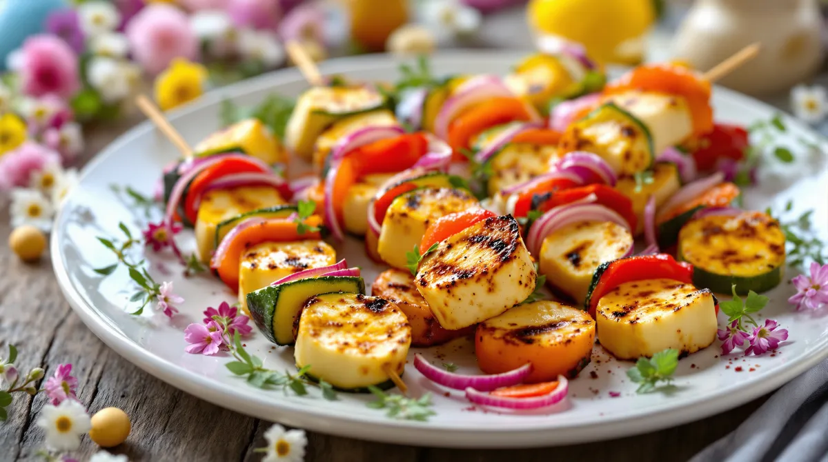 Brochettes de halloumi et légumes grillés sur une table de Pâques fleurie