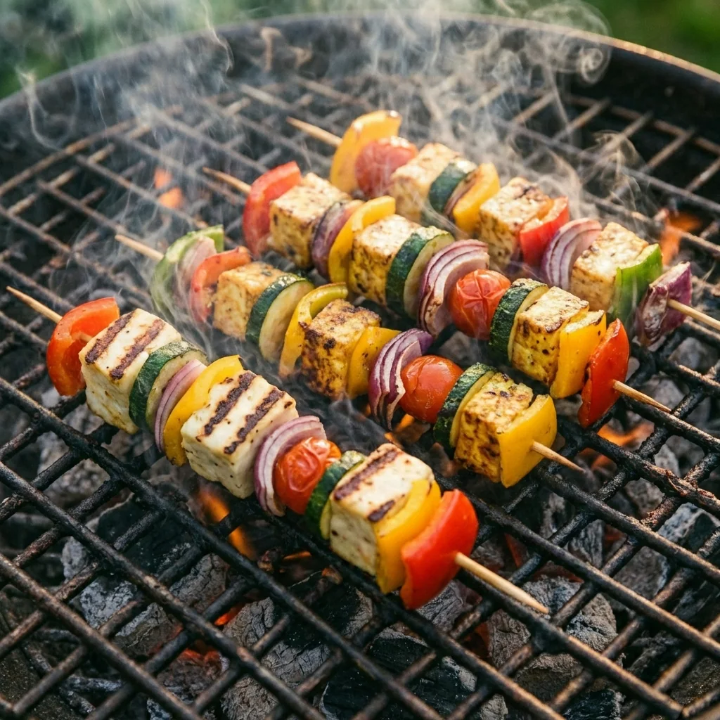 Brochettes végétariennes au halloumi, poivron, courgette et oignon sur barbecue