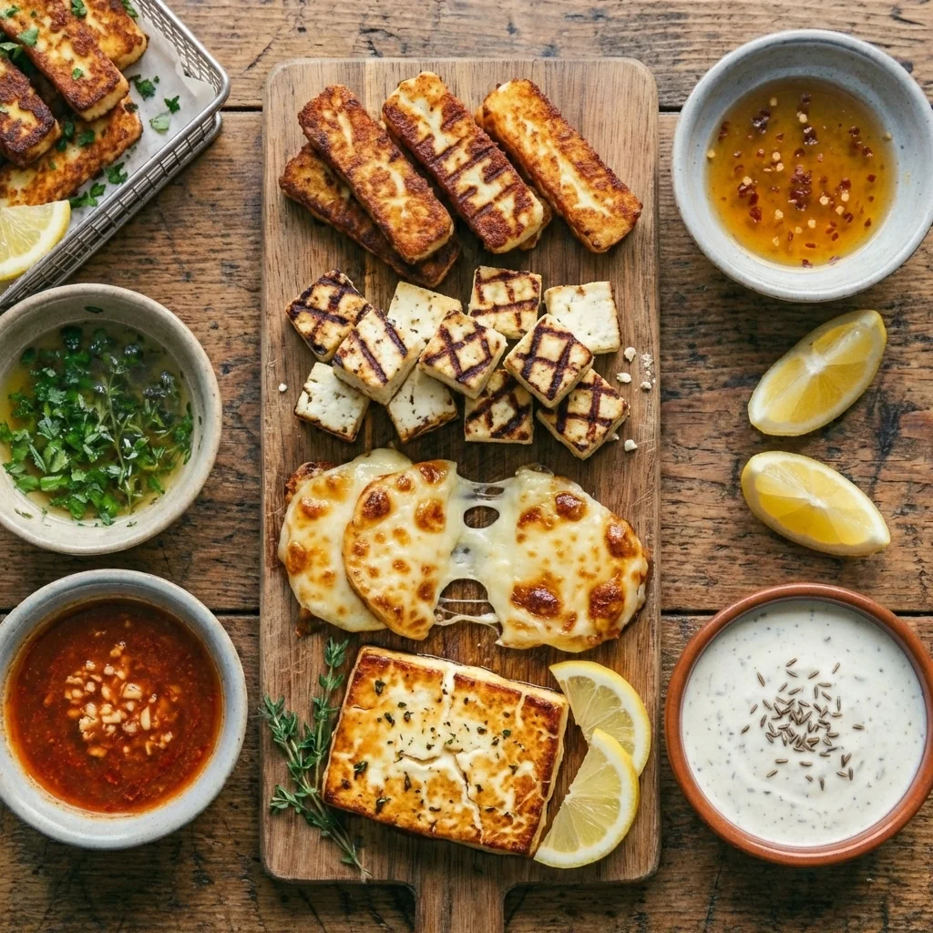 Comparatif de fromages à griller avec halloumi, paneer et sauces