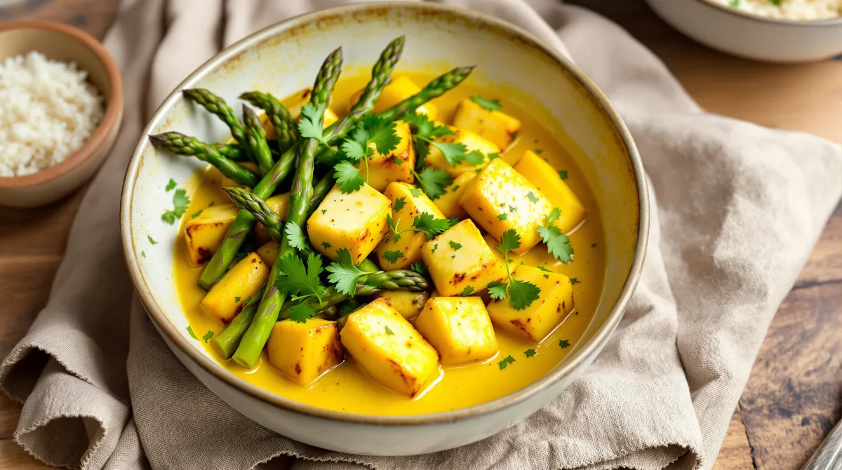 Curry au lait de coco avec halloumi, asperges vertes et pommes de terre nouvelles