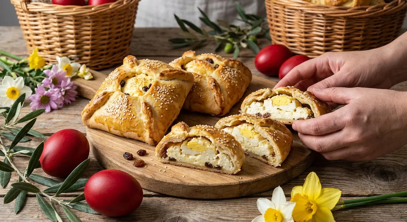 Flaounes chypriotes au halloumi parsemées de graines de sésame, prêtes pour Pâques