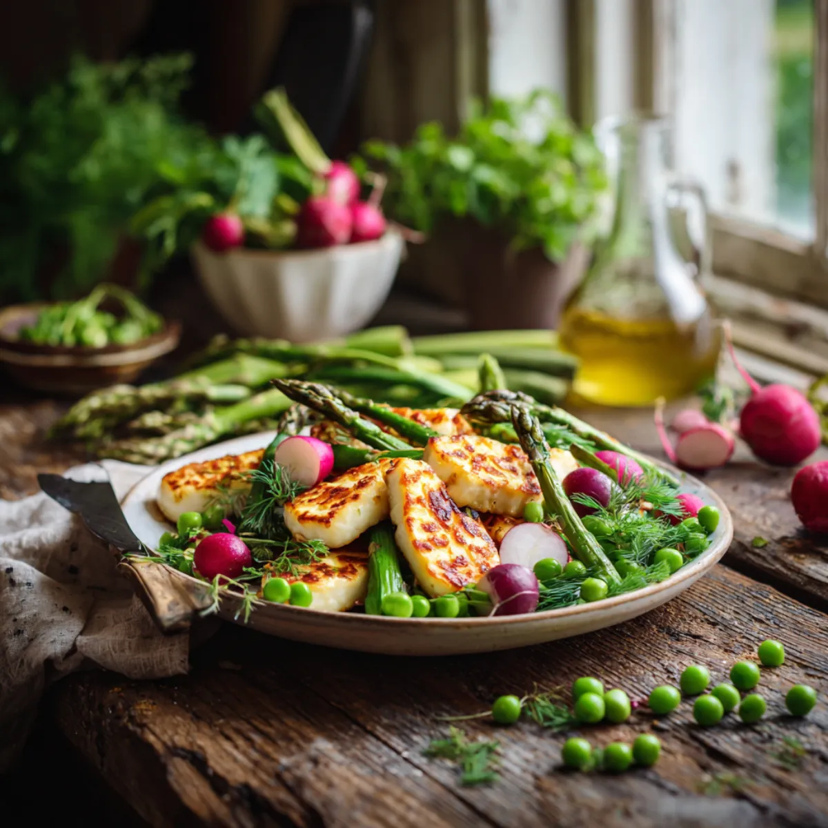 Curry printanier au halloumi grillé servi avec des asperges et pommes de terre nouvelles