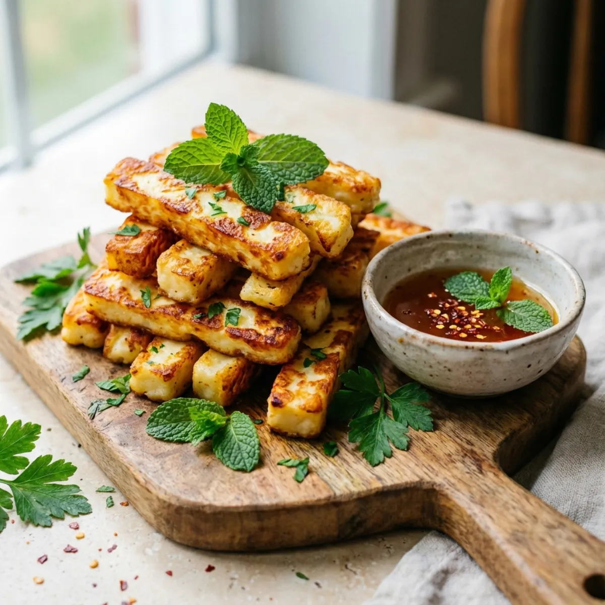 Frites de halloumi à la poêle (friture) : recette croustillante