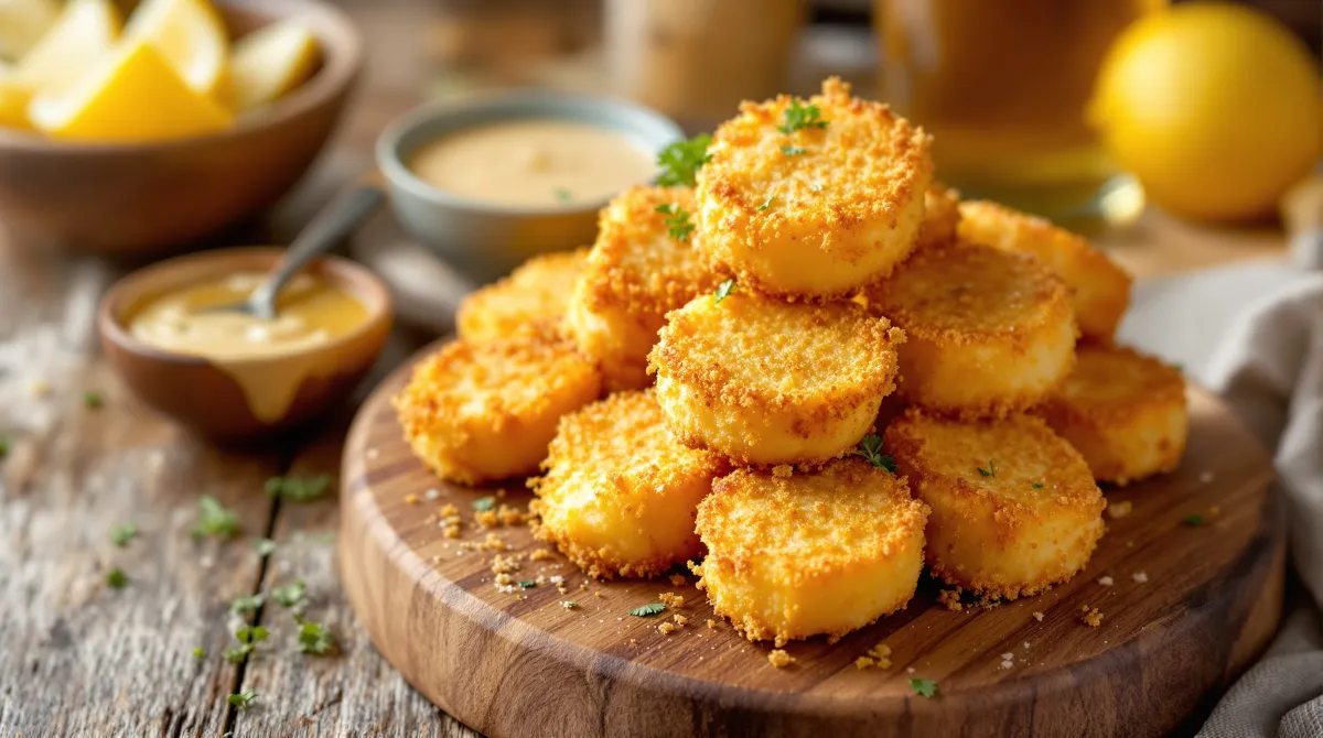 Nuggets de halloumi panés et dorés sur une planche, avec sauce et citron