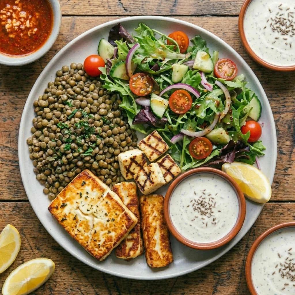 Assiette équilibrée avec halloumi grillé, lentilles et salade fraîche