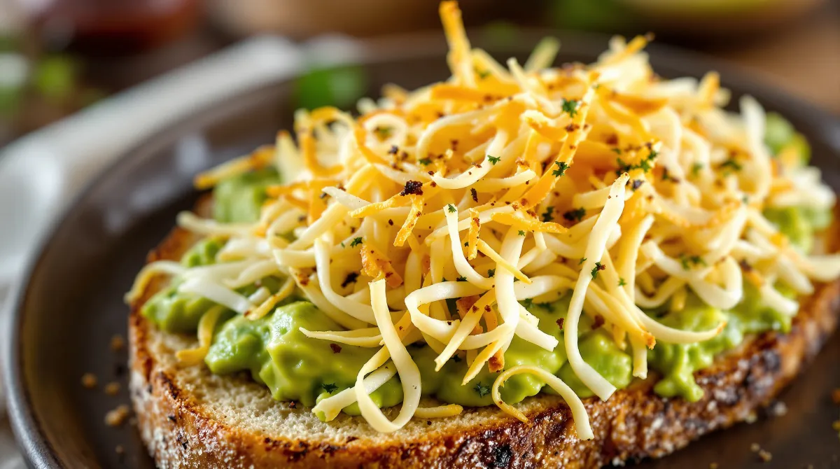 Tartine d'avocat garnie de halloumi râpé et grillé jusqu'à être croustillant