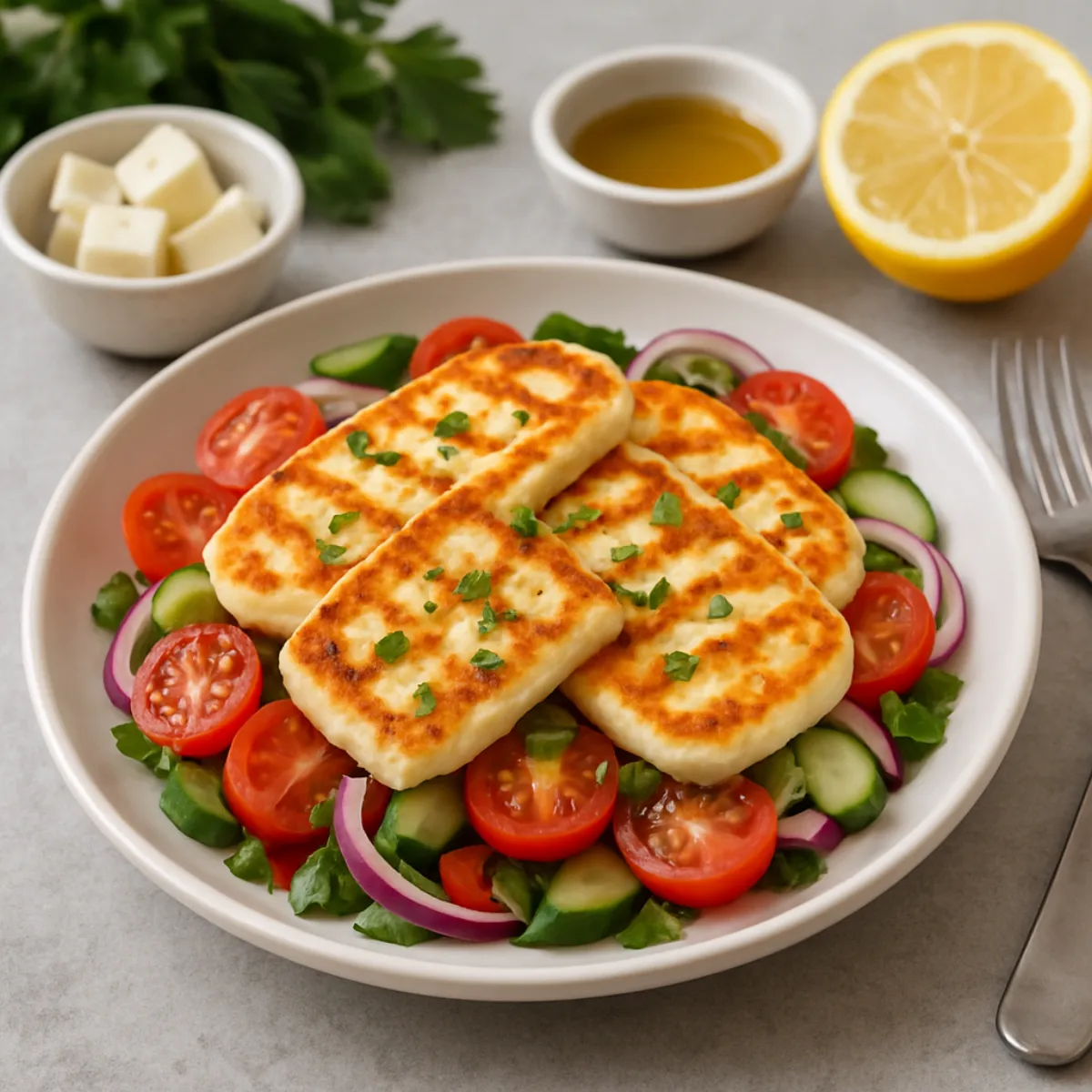 Salade d'orzo printanière au halloumi grillé, asperges vertes et fraises