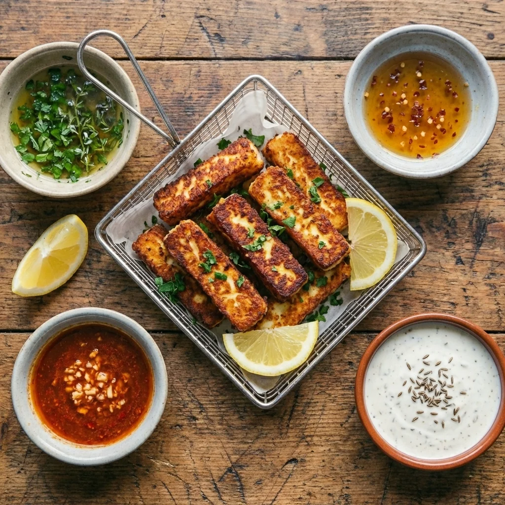 Bâtonnets de halloumi croustillants servis avec plusieurs sauces