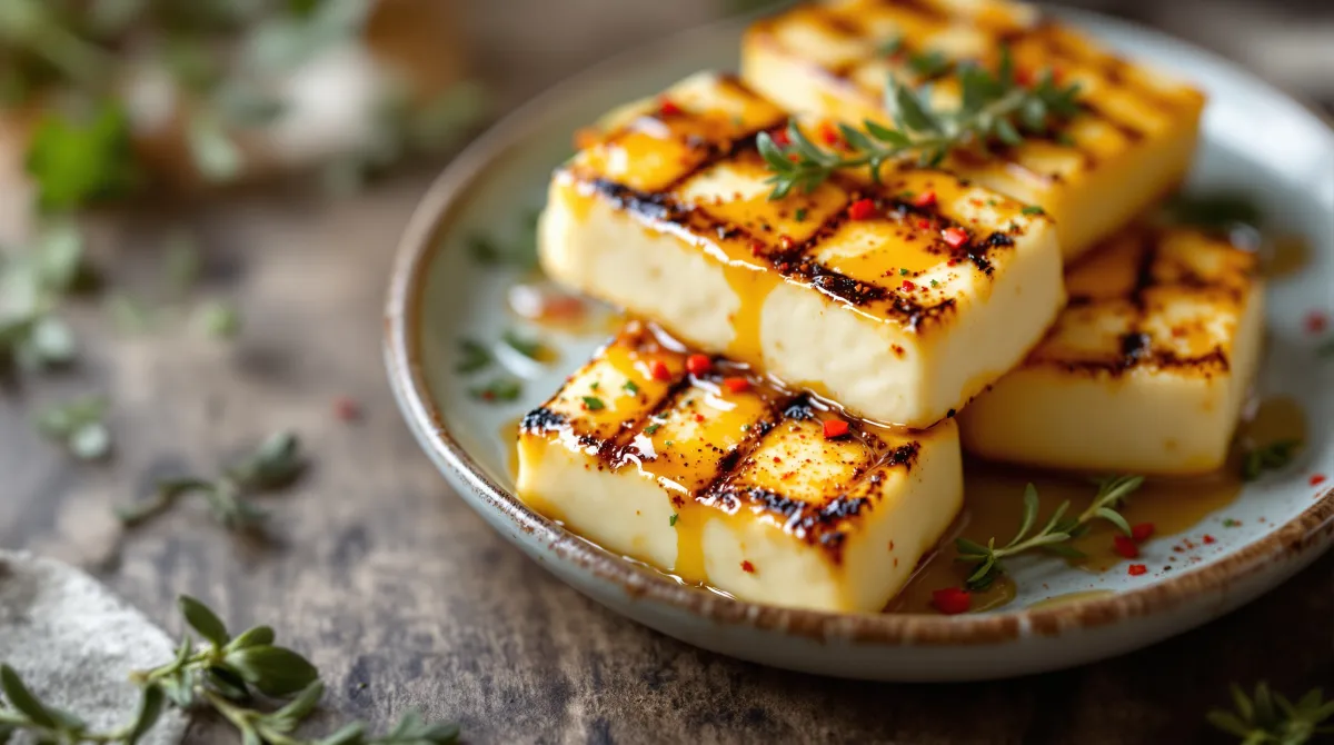 Tranches de halloumi grillées nappées de miel pimenté et de thym