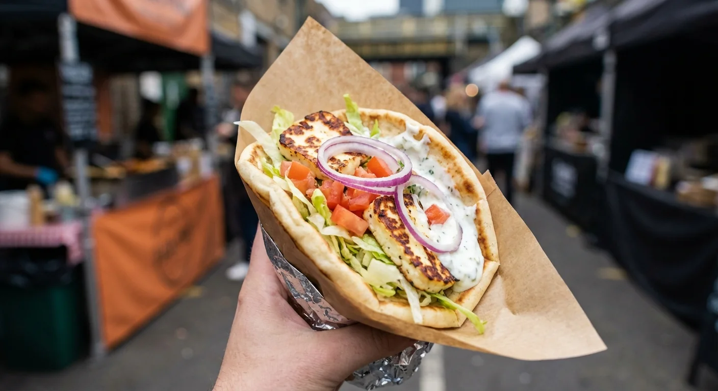 Kebab végétarien au halloumi dans un pain pita avec crudités et sauce yaourt