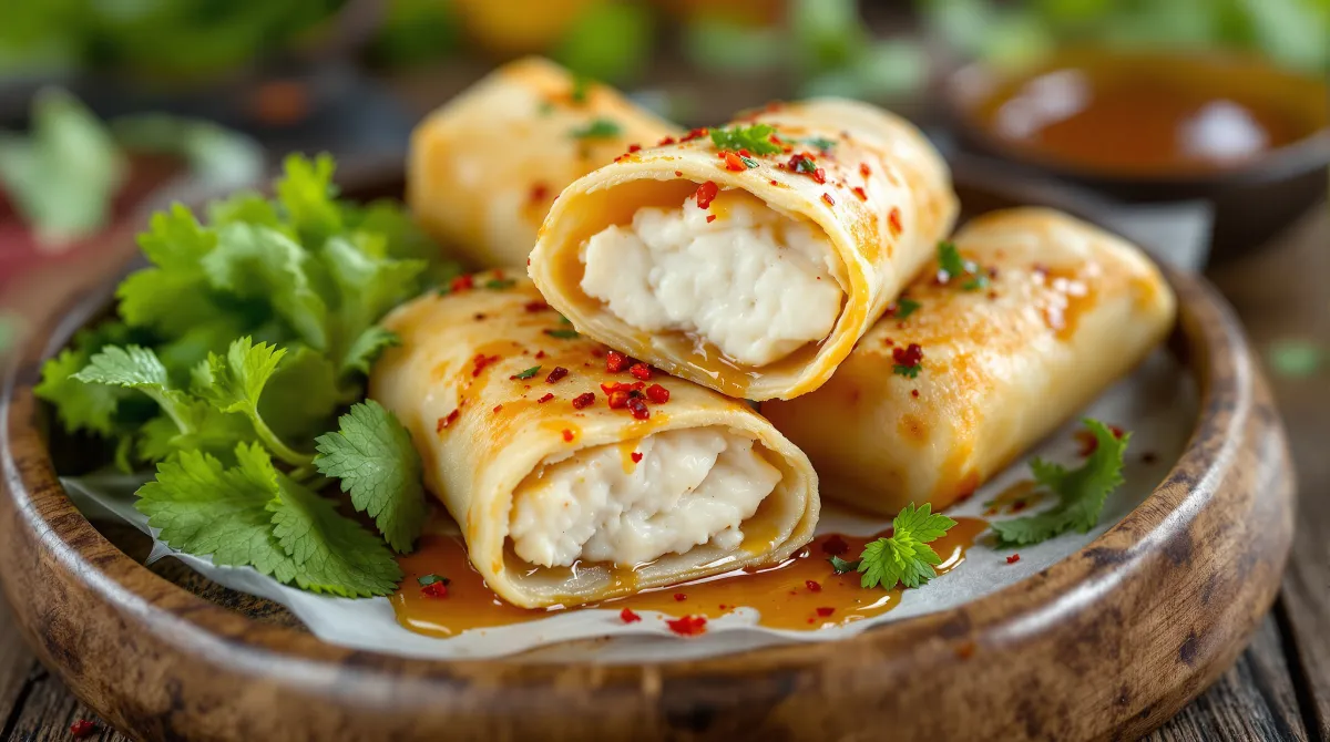 Nems croustillants au halloumi nappés de miel épicé, servis avec menthe et salade