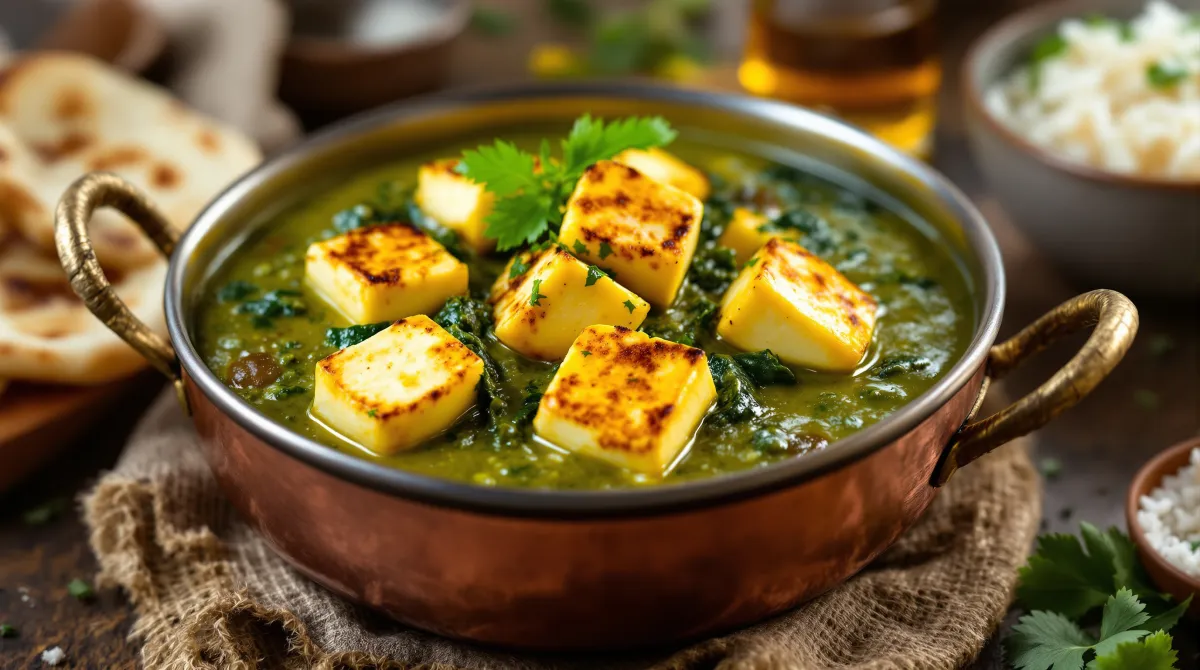 Curry d'épinards façon palak paneer avec des cubes de halloumi dorés, naan et riz