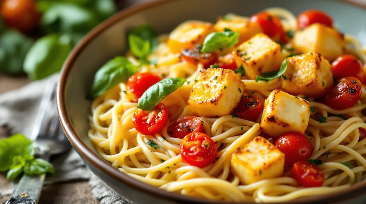 Pâtes crémeuses aux tomates cerises rôties et cubes de halloumi poêlés