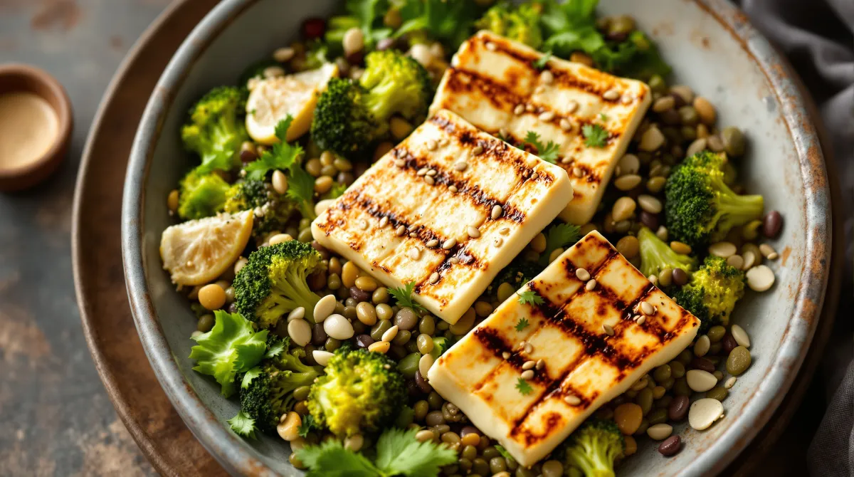 Salade tiède de brocoli rôti, lentilles vertes et tranches de halloumi grillées