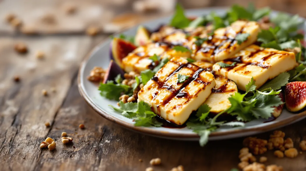 Salade de halloumi grillé, figues fraîches, noix et roquette