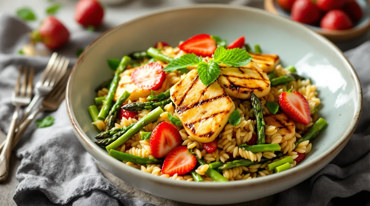 Salade d'orzo au halloumi grillé, asperges vertes et fraises