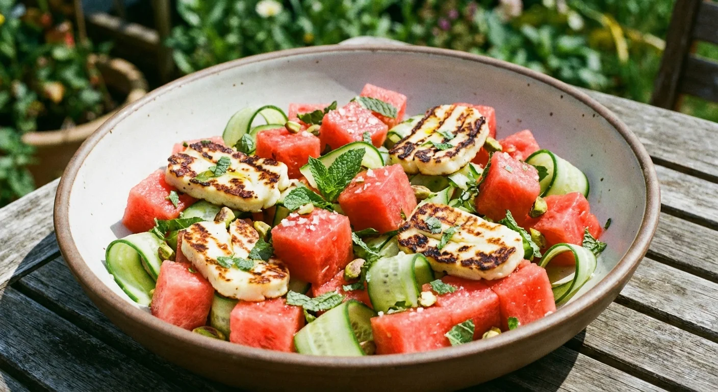 Salade de pastèque, concombre et halloumi grillé à la menthe