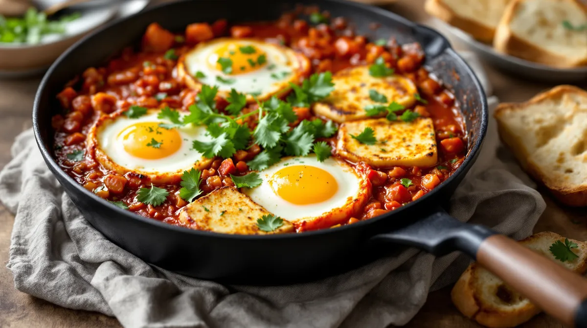 Shakshuka à la harissa avec œufs pochés et tranches de halloumi dans une poêle en fonte
