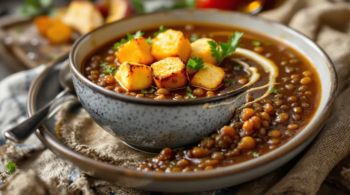 Bol de soupe de lentilles garnie de cubes de halloumi croustillants