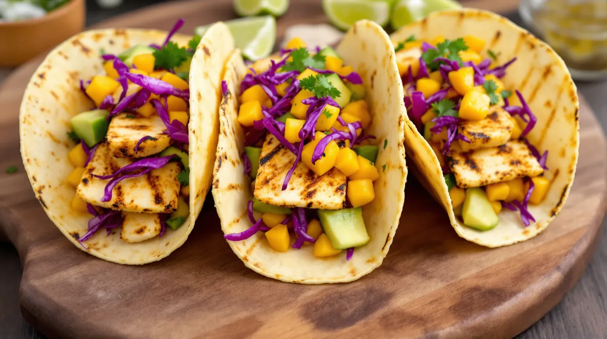 Tacos au halloumi grillé, salsa de mangue, chou rouge et avocat